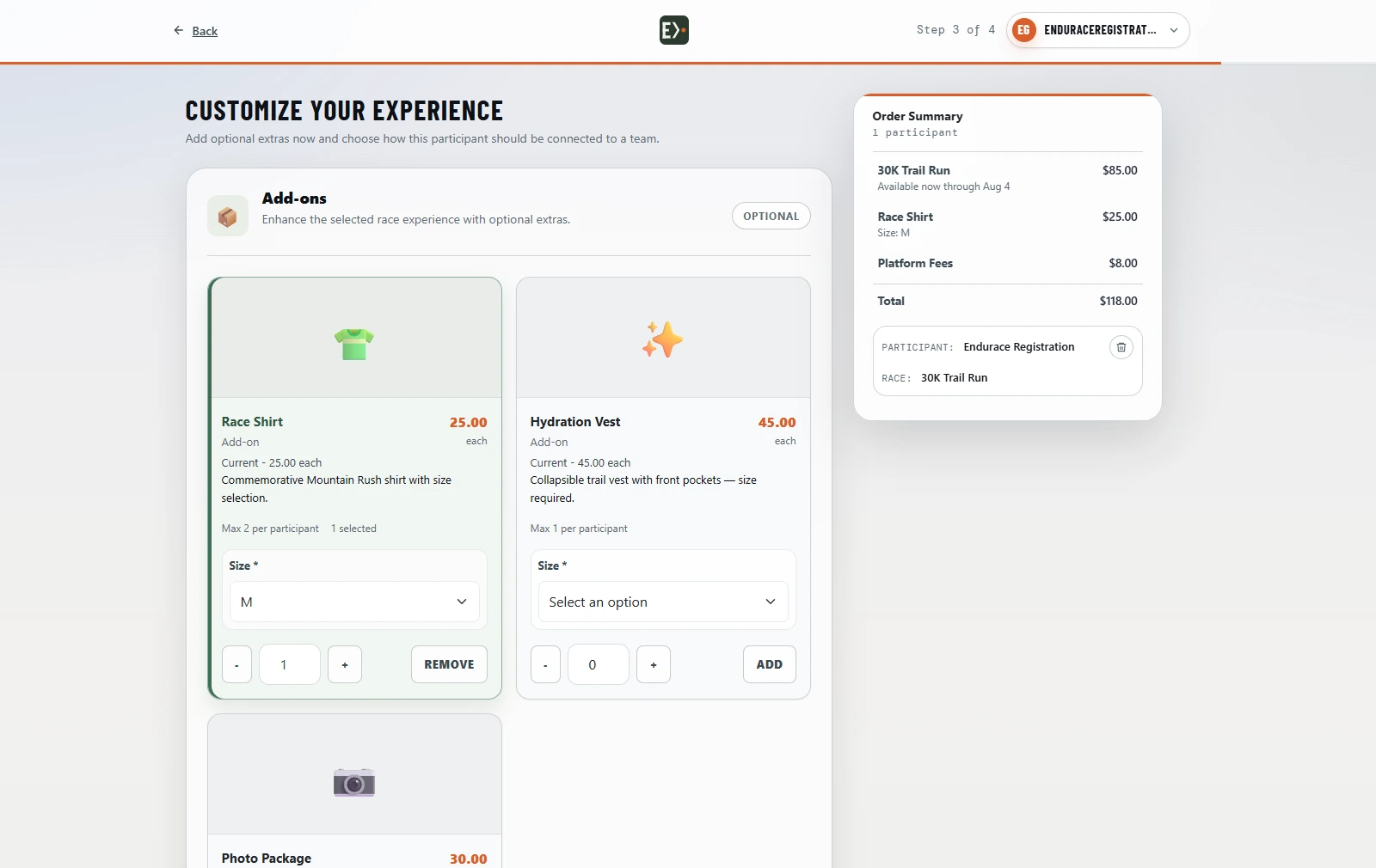 Endurace add-on storefront and relay team configuration screen