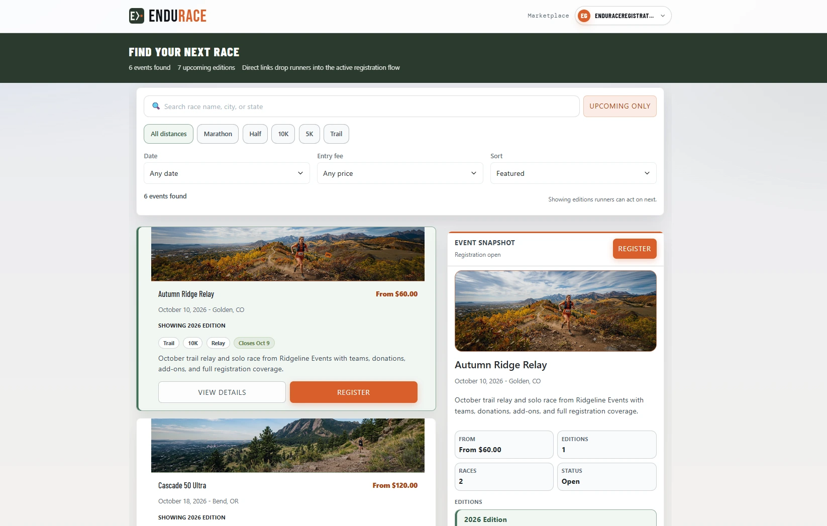 Endurace athlete marketplace showing race cards and event listings
