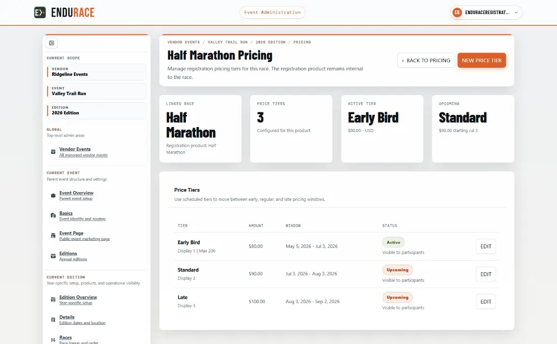 Endurace pricing tier configuration with early, standard, and late tiers