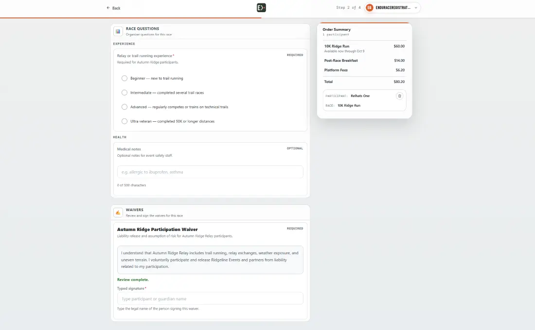 Endurace waiver signature flow shown during registration checkout