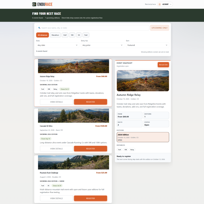 Endurace athlete marketplace showing trail and ultra event listings for Front Range Trail Fest, Cascade 50 Ultra, and Pacific Ridge Running